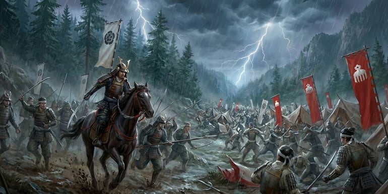 Bataille d’Okehazama en 1560 : Oda Nobunaga attaque par surprise l’armée d’Imagawa Yoshimoto sous un orage dans une vallée d’Owari, Japon féodal