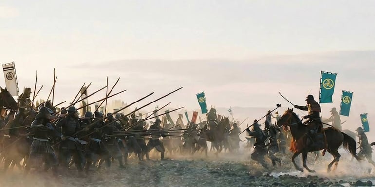 Bataille d'Anegawa 1570 - Alliance Oda-Tokugawa contre Azai Asakura, guerriers samouraïs avec lances et étendards