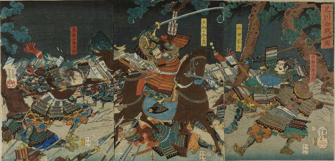 Estampe triptique de Yoshifusa représentant la bataille d'Anegawa, avec ses scènes de combat acharné entre samouraïs.