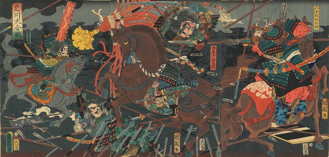 Triptique de Toyohara Kunichika représentant la bataille d'Anegawa (1570) avec samouraïs en armure, chevaux de guerre et guerriers en combat rapproché, estampe ukiyo-e japonaise