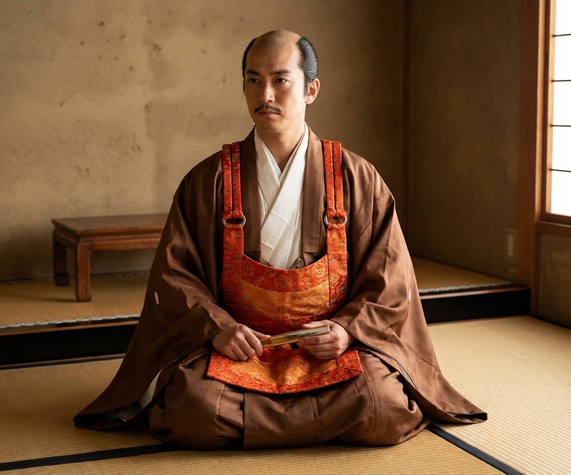 Portrait d’Asakura Yoshikage, onzième et dernier chef du clan Asakura et daimyo de la province d’Echizen à l’époque Sengoku, représenté en tenue traditionnelle.