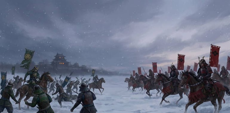 Illustration de style pictural montrant la bataille de Mikatagahara en hiver au crépuscule. Sur la droite, la cavalerie samouraï du clan Takeda, avec des bannières rouges, charge à cheval. Sur la gauche, les troupes du clan Tokugawa, avec des bannières vertes, sont en déroute sur une plaine enneigée. Le château de Hamamatsu est visible en silhouette au loin sous la neige qui tombe.
