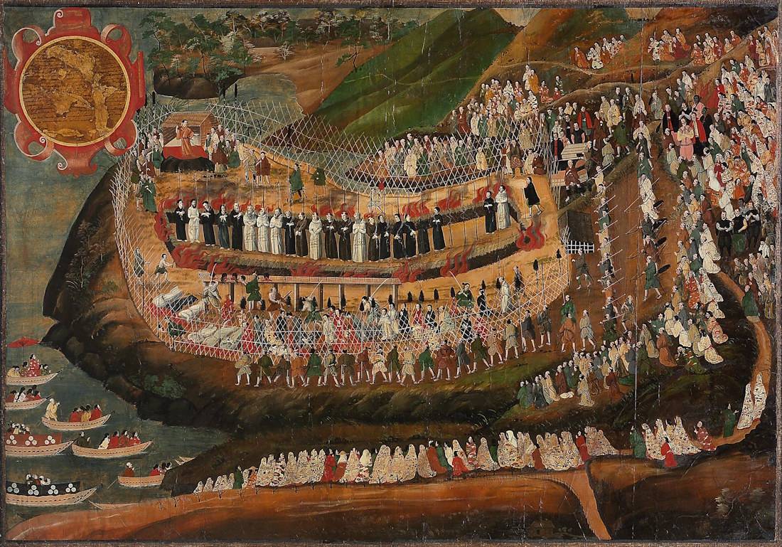 Grand martyre de Nagasaki (10 septembre 1622): peinture anonyme montrant l’exécution de 52 chrétiens à Nagasaki (brûlés vifs et décapités).