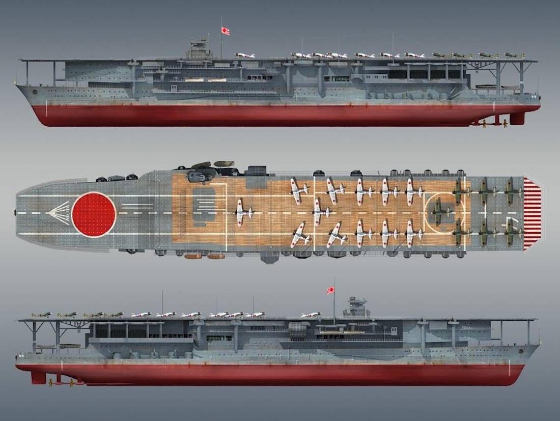 Schéma technique du porte-avions Kaga avec configuration de deuxième pont - vue latérale, pont de vol et coupe transversale montrant l'agencement des aéronefs de la Marine impériale japonaise