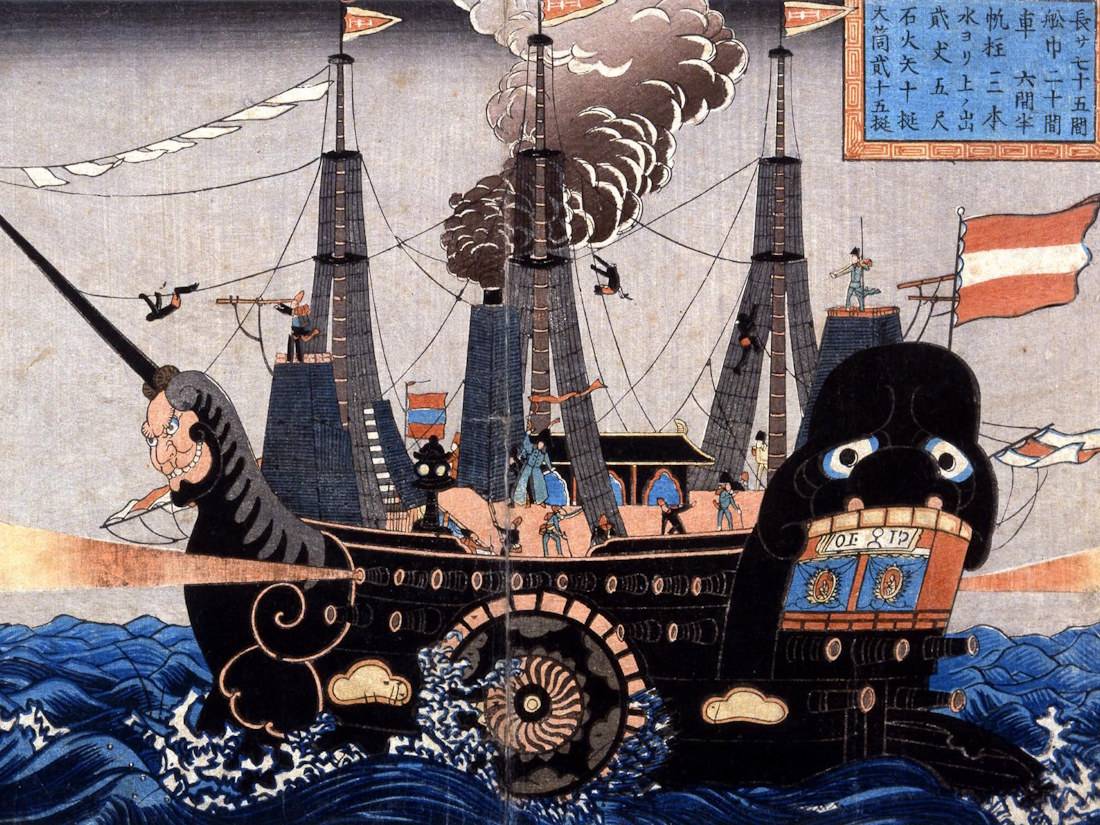 Estampe japonaise représentant l'arrivée des navires noirs du Commodore Perry au Japon, montrant trois navires à vapeur avec de la fumée tourbillonnante et des figures de proue ornées dans le style traditionnel ukiyo-e