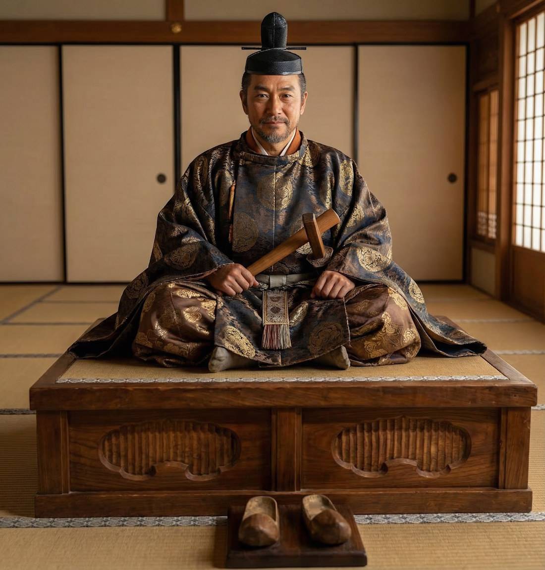 Portrait de Oda Nobuhide, daimyo japonais de la période Sengoku, assis en tenue traditionnelle de samouraï sur un podium en bois dans une pièce de style tatami