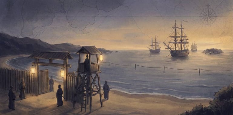 Gravure historique de l'île artificielle de Dejima à Nagasaki avec des navires de commerce néerlandais au premier plan durant la période Sakoku au Japon.