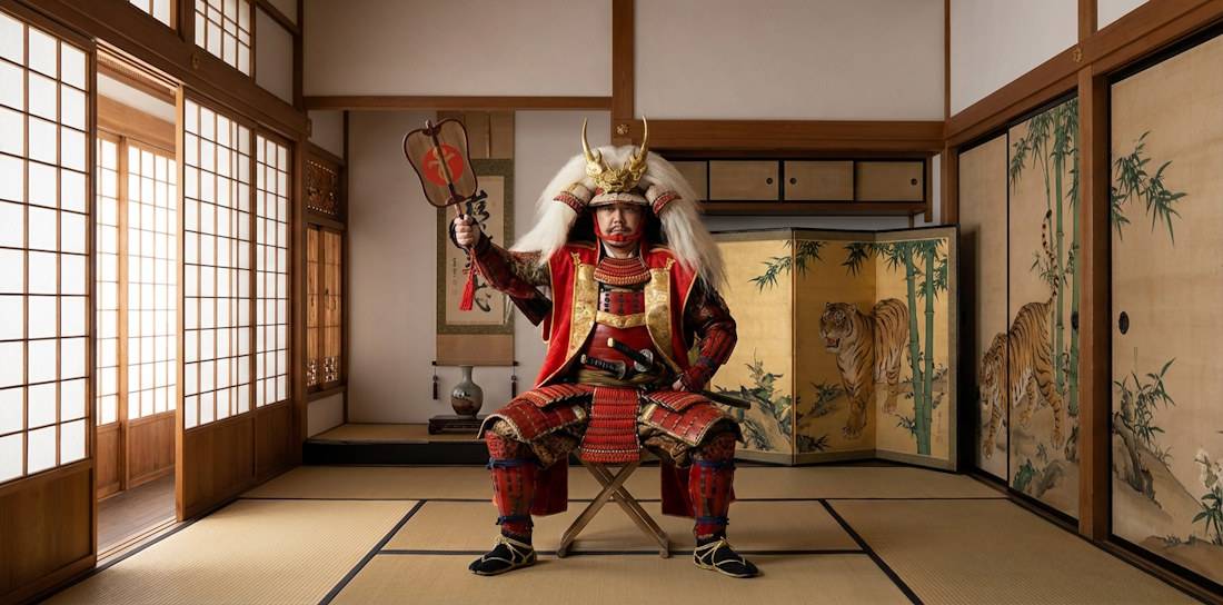 Takeda Shingen, seigneur de guerre japonais du 16e siècle, en armure rouge traditionnelle avec casque à cornes dans une salle tatami authentique