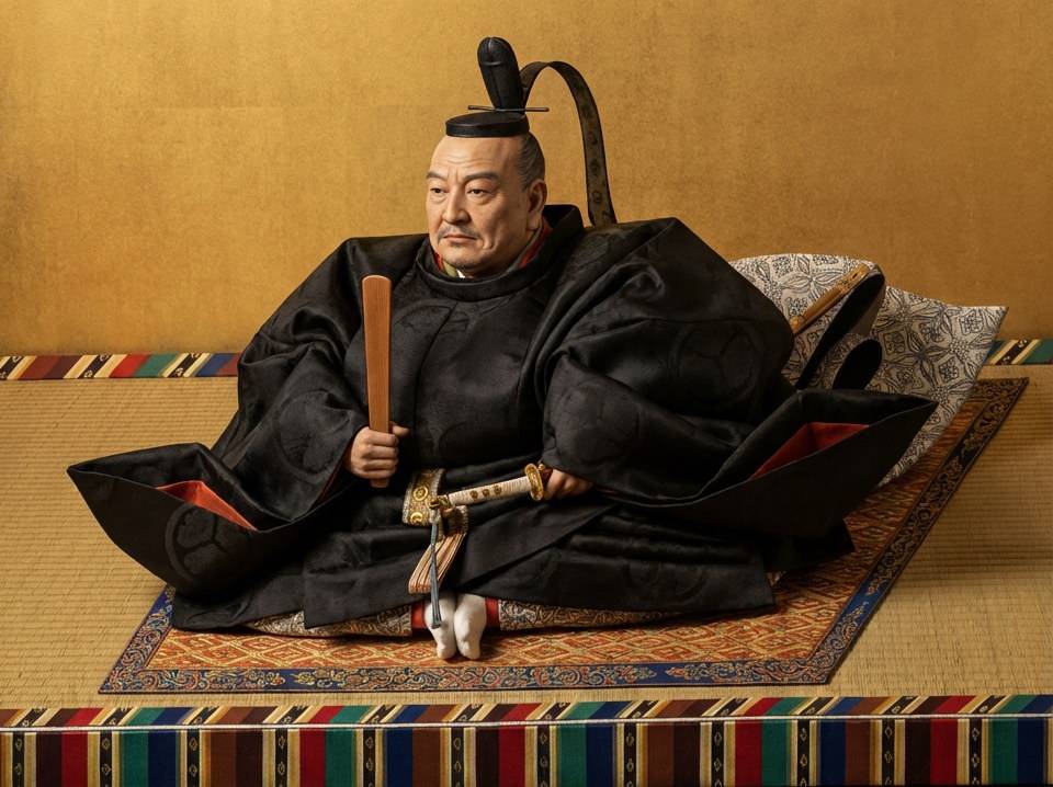 Représentation réaliste de Tokugawa Ieyasu, premier shogun du shogunat Tokugawa, en somptueux habits de cour noirs, assis en tailleur sur un tatami et tenant un bâton rituel shaku.