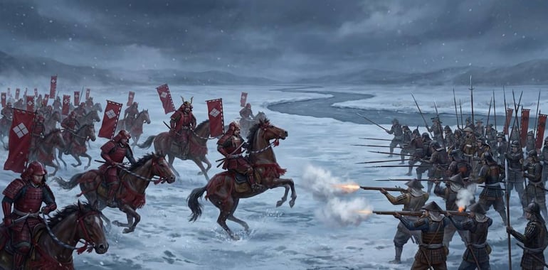 Illustration historique de la bataille d’Uedahara, première défaite de Takeda Shingen face à Murakami Yoshikiyo pendant la période Sengoku au Japon