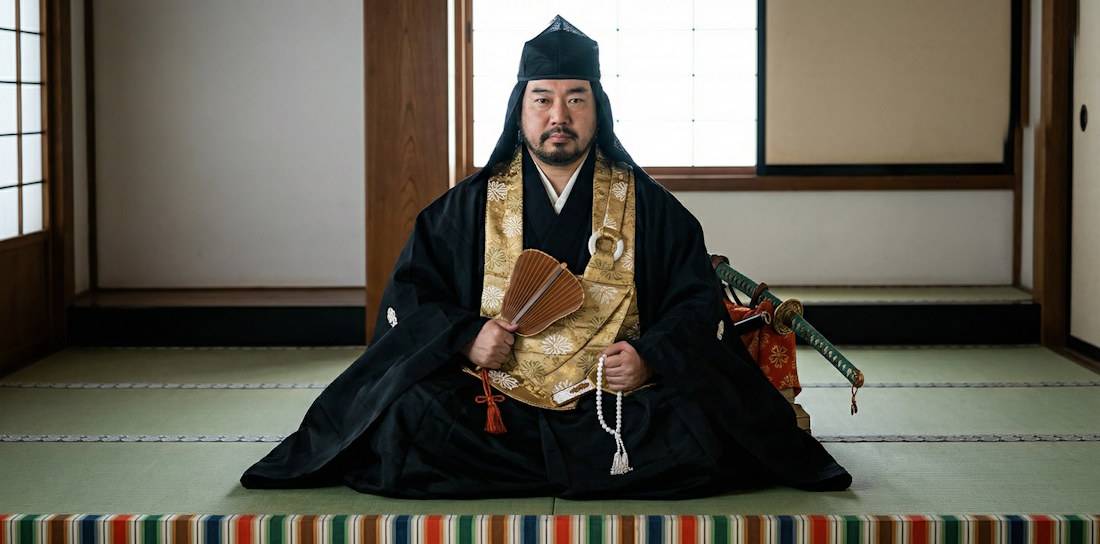 Portrait d'Uesugi Kenshin en tenue de moine guerrier traditionnel, assis en position de méditation avec un éventail de guerre et un sabre katana dans un dojo japonais.