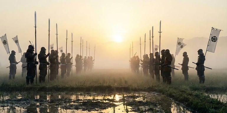 Samouraïs alignés face à face dans la brume au lever du soleil, évocation de la bataille d’Ukino (1558) à l’époque Sengoku