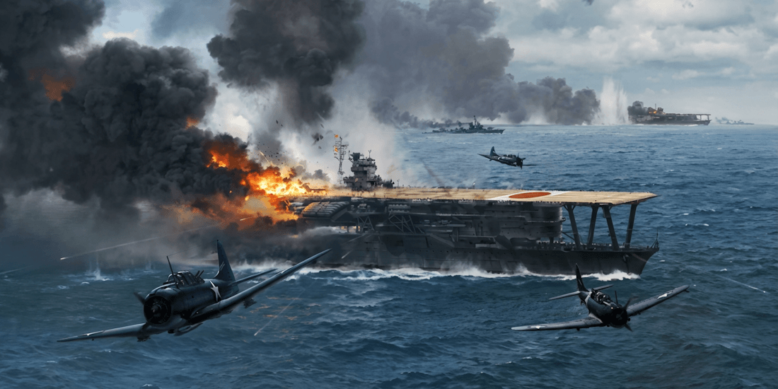 Porte-avions japonais Akagi et Kaga en flammes lors de la bataille de Midway en 1942, attaqués par des bombardiers en piqué américains SBD Dauntless.