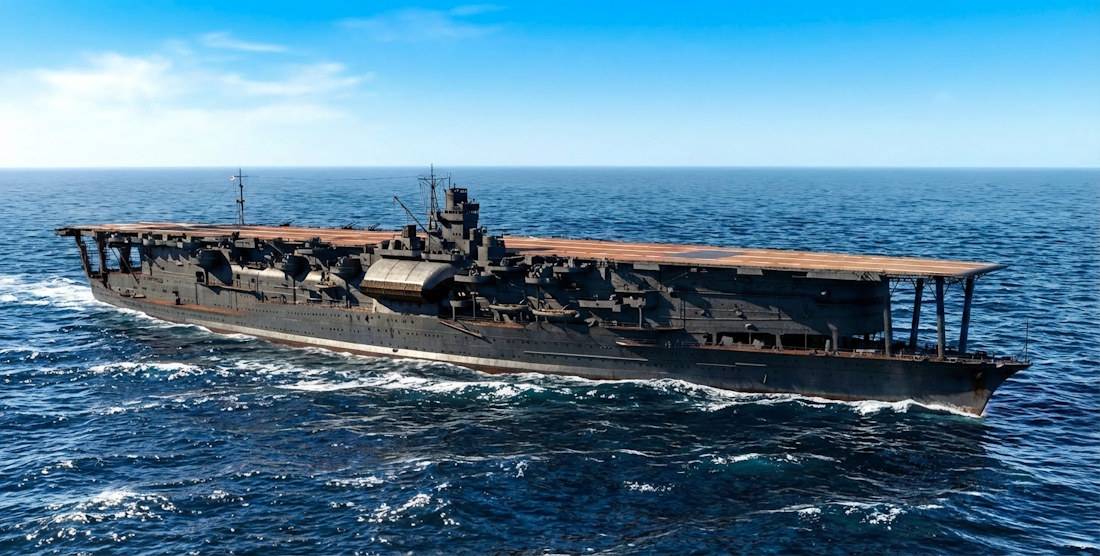 Rendu détaillé du porte-avions japonais Akagi de la Seconde Guerre mondiale, montrant son pont d'envol en bois et son îlot bâbord distinctif alors qu'il navigue en haute mer.