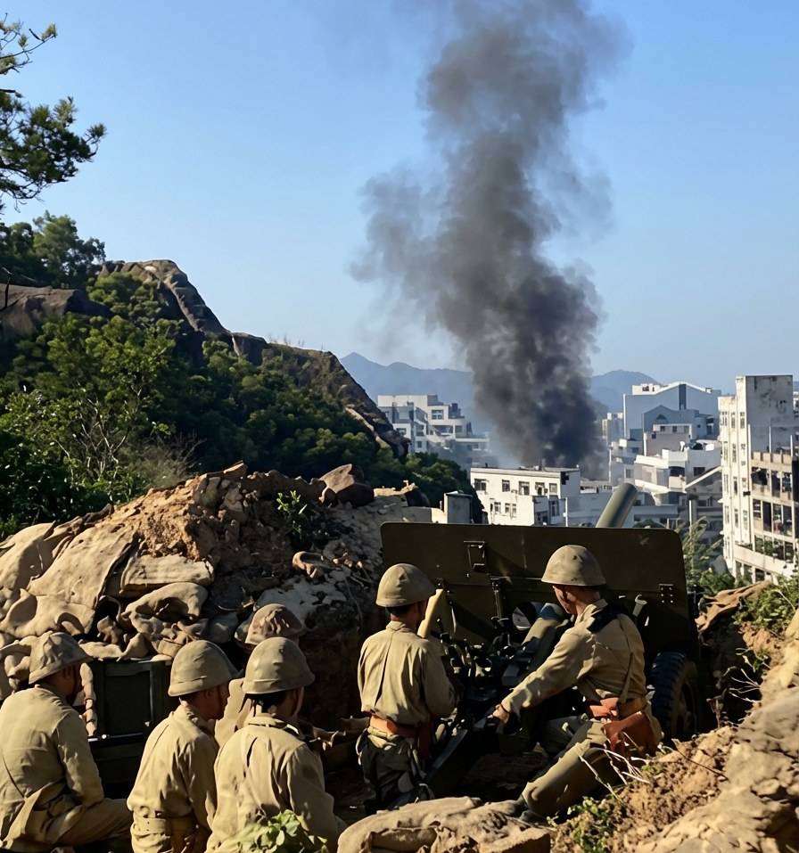 Soldats de l'artillerie japonaise en position de tir sur une colline surplombant la ville de Hong Kong pendant la bataille de décembre 1941, avec une épaisse fumée noire s'élevant des zones urbaines bombardées.