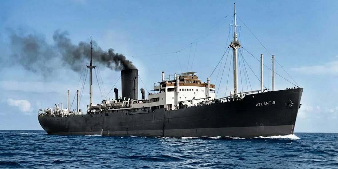 Navire allemand Atlantis naviguant en mer en 1940, croiseur auxiliaire camouflé utilisé comme raider marchand pendant la Seconde Guerre mondiale.