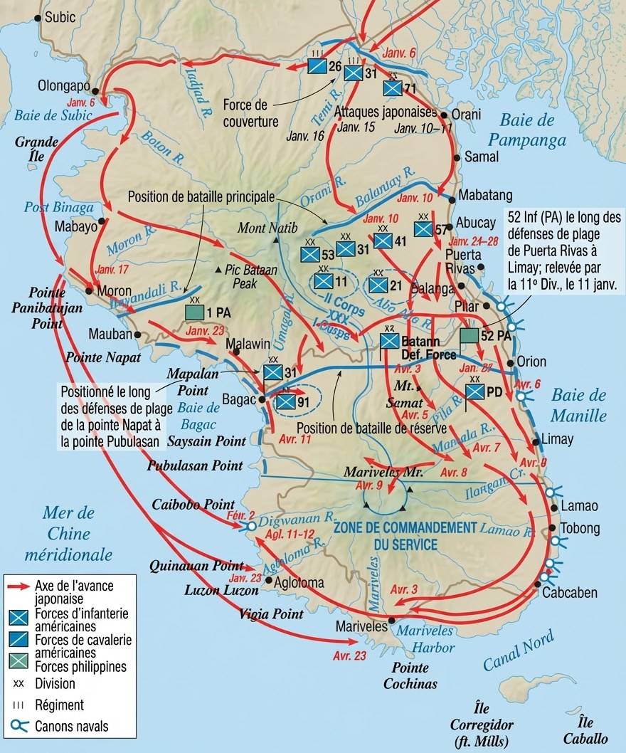 Carte historique détaillée des opérations militaires durant la bataille de Bataan aux Philippines en 1942, illustrant les axes d'invasion japonais et les positions défensives des forces américaines et philippines sur la péninsule.