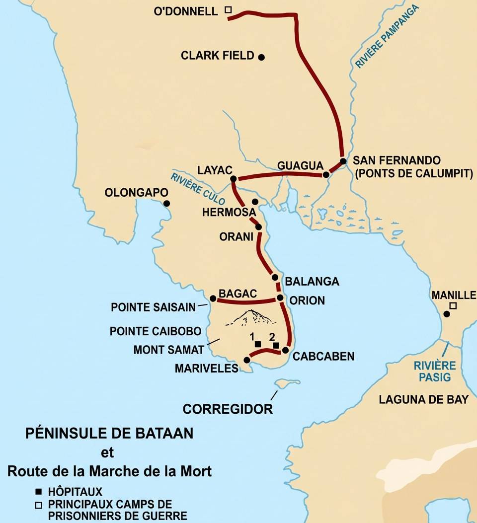 Carte historique de la péninsule de Bataan illustrant l'itinéraire de la Marche de la Mort en 1942 aux Philippines, montrant les points de passage de Mariveles à O'Donnell.