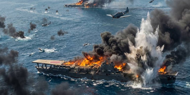 Illustration réaliste de la bataille de Midway en 1942 montrant un porte-avions japonais en feu après une attaque aérienne américaine avec des avions de chasse et des explosions en mer.