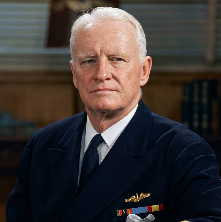 Portrait officiel en gros plan de l'amiral de la flotte Chester W. Nimitz en uniforme de la marine américaine avec ses décorations militaires.