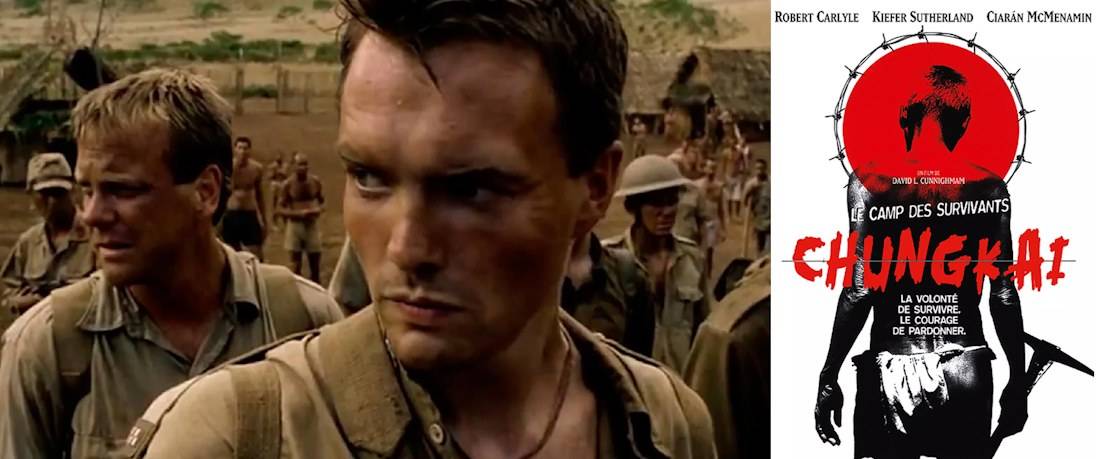 Affiche et scène du film Chungkai le camp des survivants montrant les acteurs Kiefer Sutherland et Ciarán McMenamin en uniformes militaires dans un camp de prisonniers de guerre.
