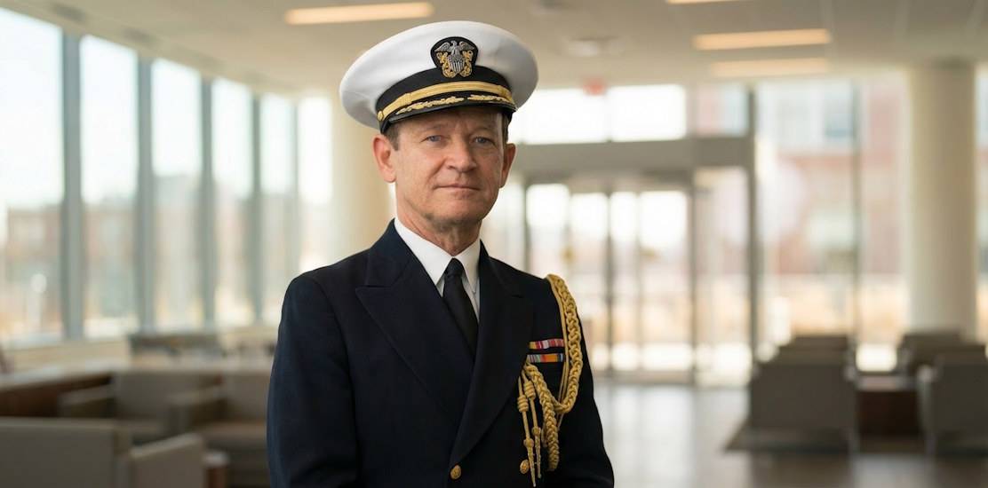 Portrait de l'amiral Frank Jack Fletcher en uniforme de la marine américaine avec casquette de commandement et décorations militaires dans un bâtiment moderne.
