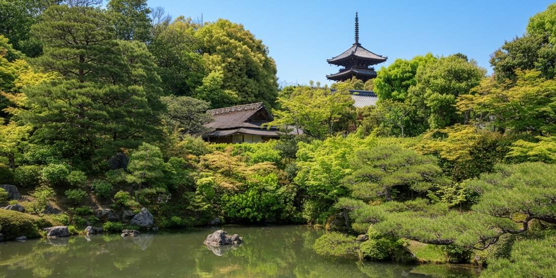 Vue panoramique du jardin japonais du palais Goten au temple Ninna-ji à Kyoto, avec un étang au premier plan, une végétation luxuriante d'érables et de pins, et la célèbre pagode à cinq étages se découpant sur un ciel bleu en arrière-plan.