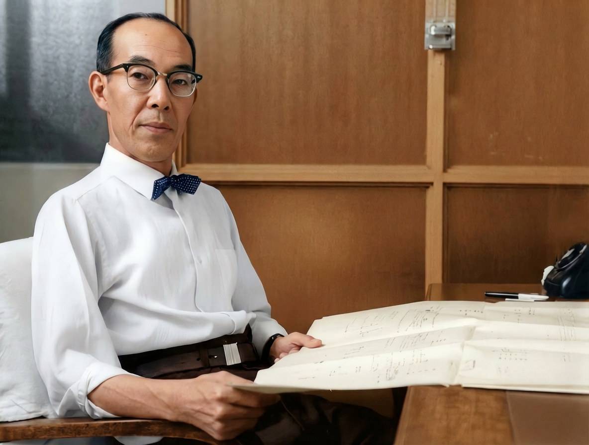 Portrait de Jiro Horikoshi, ingénieur aéronautique japonais et concepteur de l'avion de chasse Mitsubishi A6M Zero, assis à son bureau avec des plans techniques.