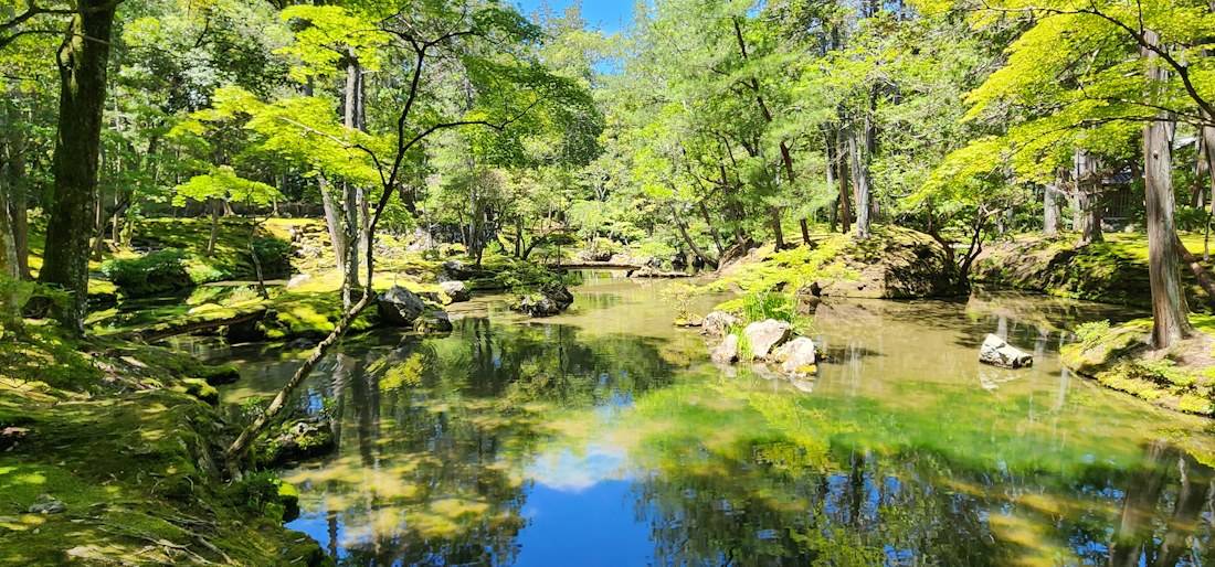 Vue panoramique du jardin de mousse du temple Kokedera (Saiho-ji) à Kyoto avec son étang central, ses reflets bleus et sa végétation verdoyante sous un ciel dégagé.