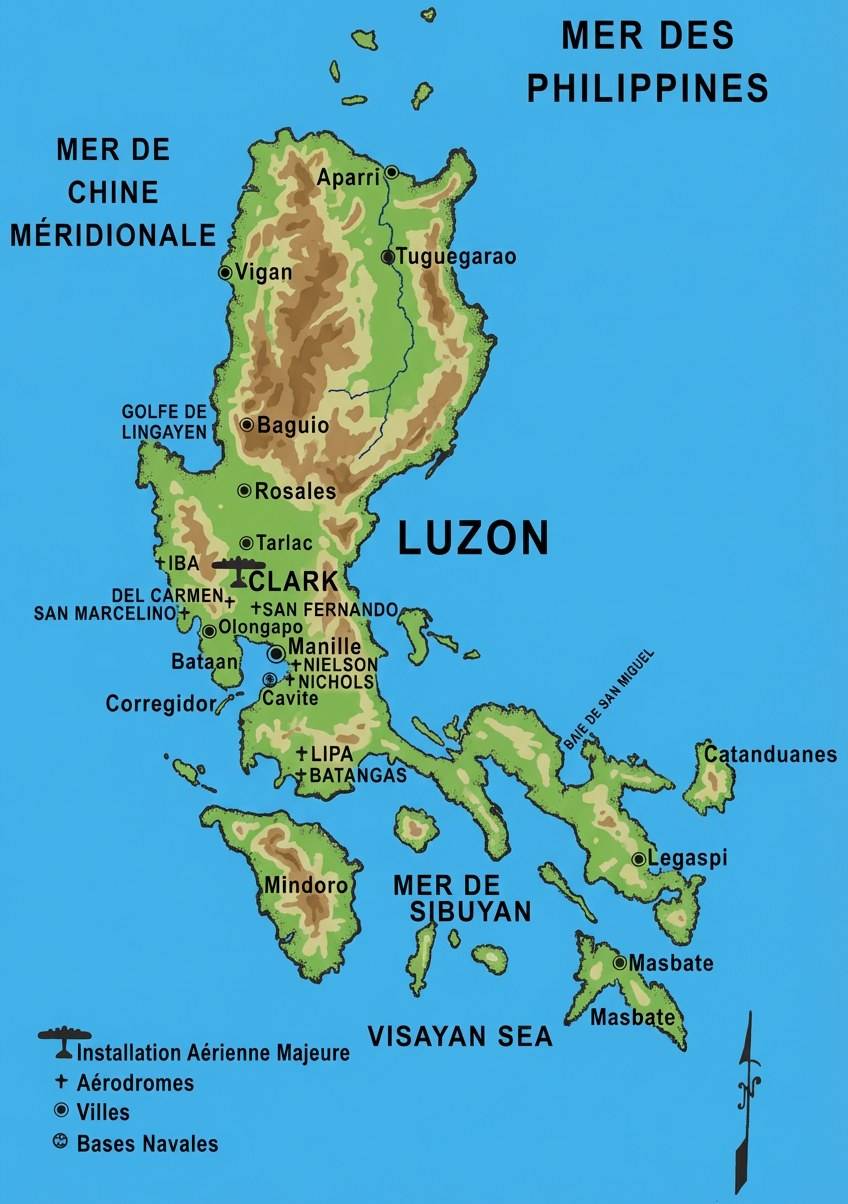 Carte historique de l'île de Luçon, Philippines, montrant les installations militaires, bases navales et aérodromes durant la période 1941-1942 au début de la Seconde Guerre mondiale.