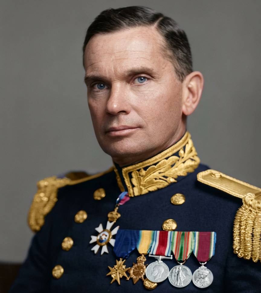 Portrait colorisé de Sir Mark Aitchison Young, gouverneur de Hong Kong en 1941, en uniforme militaire officiel avec médailles et épaulettes dorées.