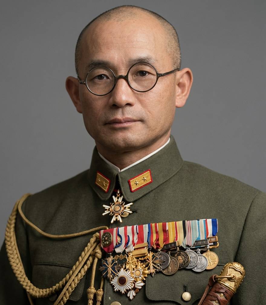 Portrait historique du Colonel Masanobu Tsuji en uniforme militaire de l'Armée impériale japonaise avec ses médailles et décorations.