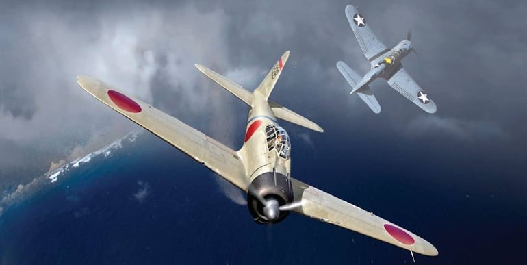 Combat aérien historique entre un chasseur japonais Mitsubishi A6M Zero et un bombardier en piqué américain Douglas SBD Dauntless au-dessus de l'océan Pacifique pendant la Seconde Guerre mondiale.