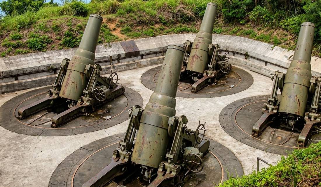 Quatre mortiers de 12 pouces de la Batterie Way à Corregidor, Philippines, installés dans une fosse de protection en béton avant la Seconde Guerre mondiale.