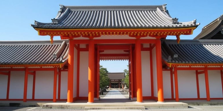 Porte Nikka-mon aux piliers vermillon et toit de tuiles grises du Palais Impérial de Kyoto (Kyoto Gosho) au Japon sous un ciel bleu.
