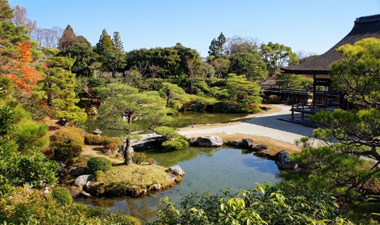 Jardin zen traditionnel du temple Ninna-ji à Kyoto avec étang, pins taillés et pavillon en bois sous un ciel bleu.