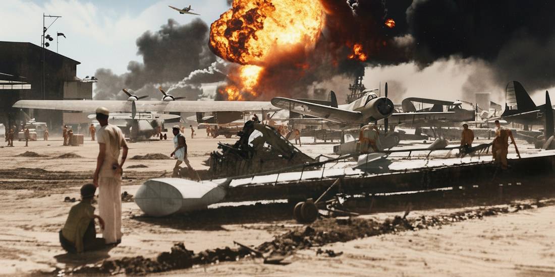 Photographie historique colorisée de l'attaque de Pearl Harbor montrant des avions militaires au sol, des explosions massives, de la fumée noire et des soldats sur un aérodrome d'Oahu en 1941.