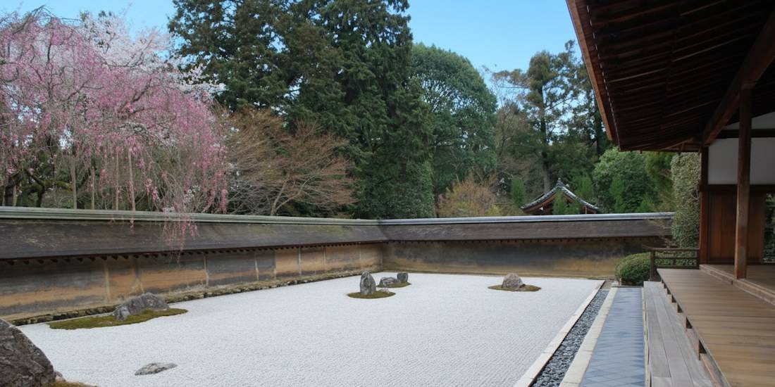 Jardin de pierre zen du temple Ryoan-ji à Kyoto avec gravier blanc ratissé, rochers et cerisiers en fleurs vus depuis la terrasse en bois.