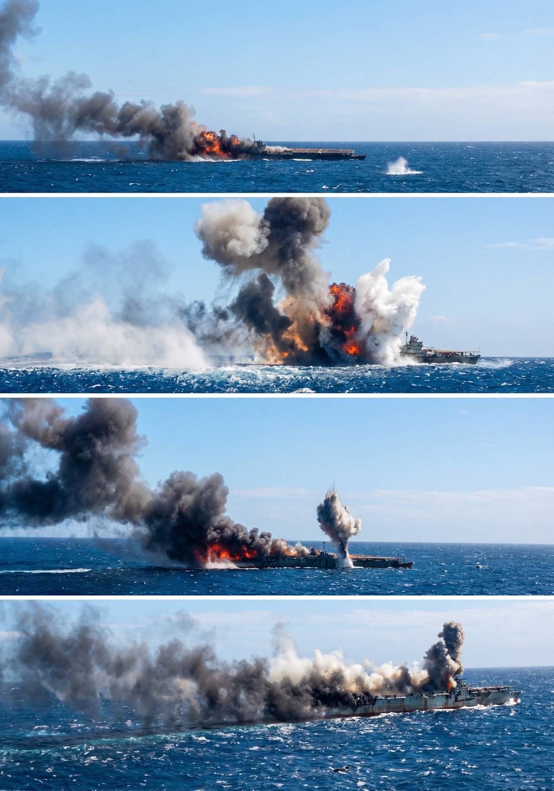 Série de quatre photographies montrant l'attaque et l'explosion du porte-avions japonais Shoho par l'aéronavale américaine durant la bataille de la mer de Corail en mai 1942.