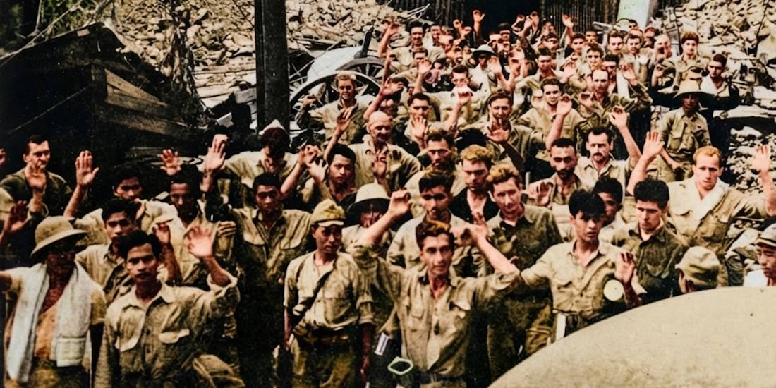 Soldats américains et philippins les mains levées lors de la reddition aux forces japonaises aux Philippines en 1942, illustrant la chute de Corregidor et de Bataan pendant la Seconde Guerre mondiale.