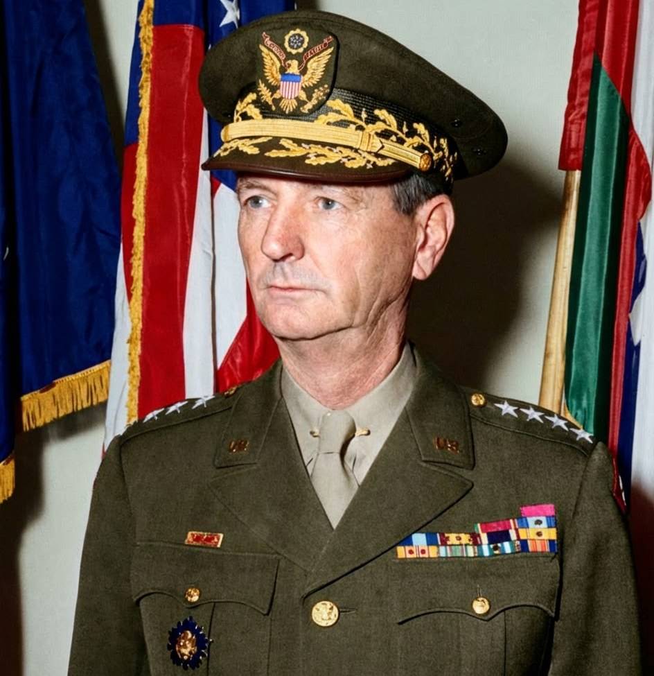 Portrait en uniforme du Lieutenant Général Jonathan Wainwright, commandant des forces alliées aux Philippines, connu pour la reddition de Corregidor en 1942 durant la Seconde Guerre mondiale.