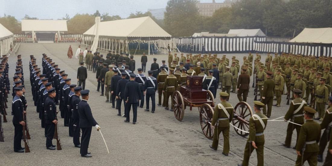 Photographie colorisée du cortège funèbre de l'amiral Isoroku Yamamoto à Tokyo, montrant le cercueil sur un affût de canon entouré de soldats et de marins japonais en uniforme de cérémonie.