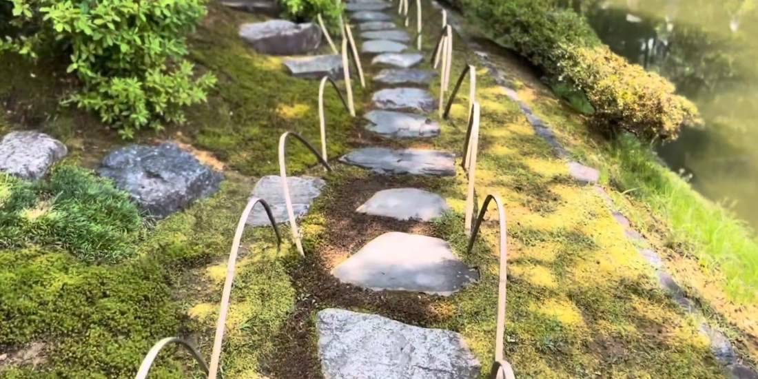 Chemin de pierres plates (nobedan) bordé de mousses vertes et d'arceaux en bambou dans le jardin japonais de la Villa Impériale Katsura à Kyoto.