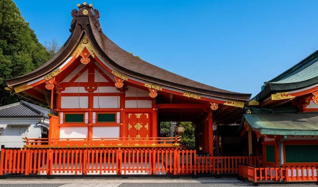 Vue extérieure du Honden, le bâtiment principal du sanctuaire shinto Fushimi Inari Taisha à Kyoto, Japon, montrant l'architecture traditionnelle rouge vermillon et les détails dorés sous un ciel bleu.