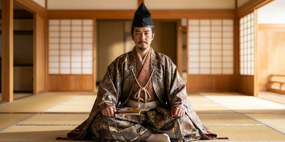 Hosokawa Yoriyuki assis en tenue traditionnelle dans un temple japonais à Kyoto, fondateur du Jizō-in