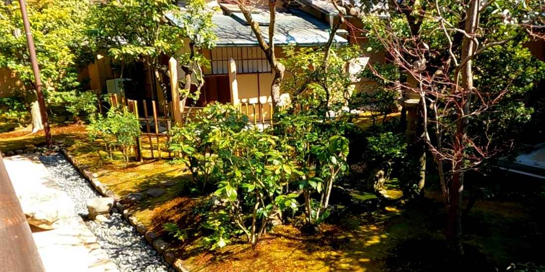 Jardin de thé traditionnel au temple Daitoku-ji à Kyoto, avec végétation soignée, allée de gravier et maison de thé japonaise
