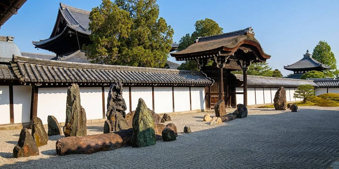 Jardin de pierre zen avec sable ratissé, rochers verticaux et architecture traditionnelle du temple Tofuku-ji à Kyoto, Japon.