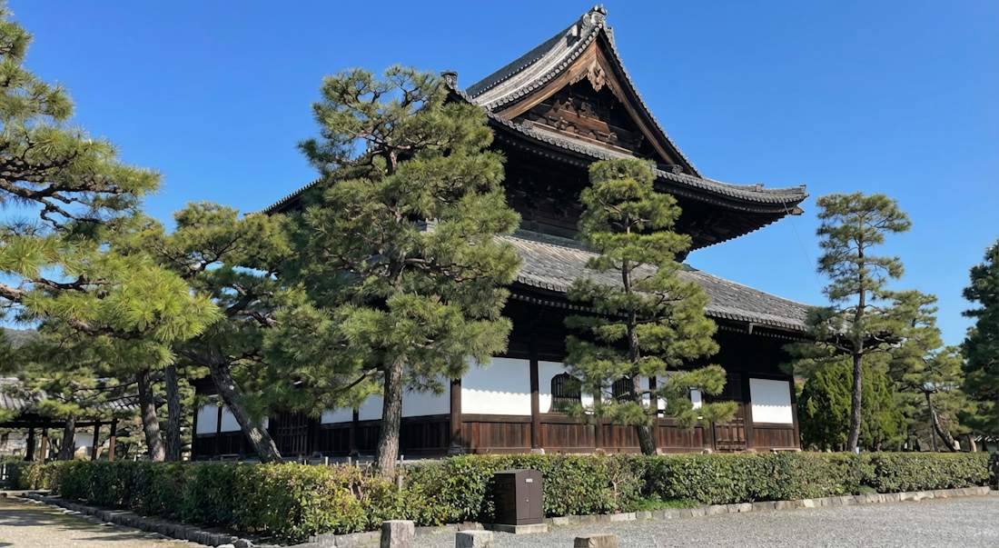 Temple Kennin-ji à Gion, Kyoto : vue extérieure du bâtiment principal en bois entouré de pins japonais taillés sous un ciel bleu clair.