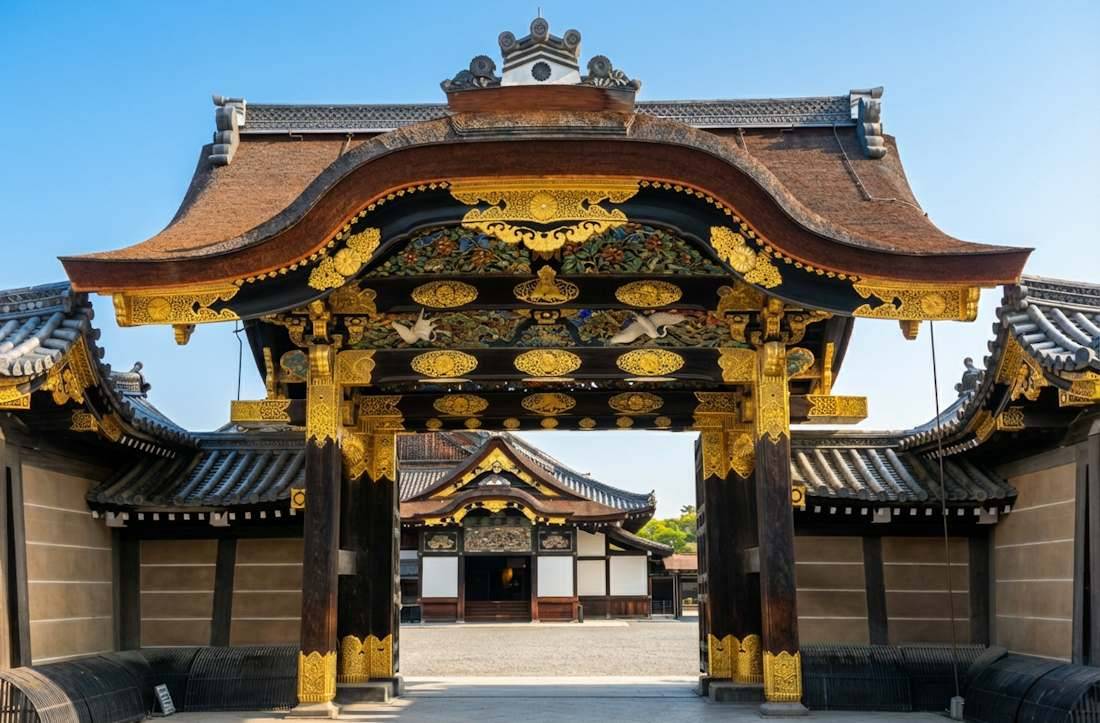 Porte Karamon richement décorée avec dorures et sculptures en bois au château de Nijo, site classé à l'UNESCO à Kyoto, Japon.