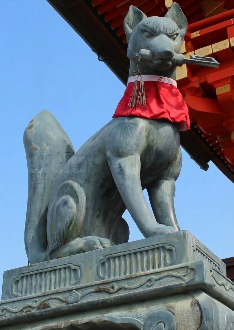 Statue de renard Kitsune en bronze tenant une clé dans sa gueule au sanctuaire Fushimi Inari Taisha à Kyoto, Japon.